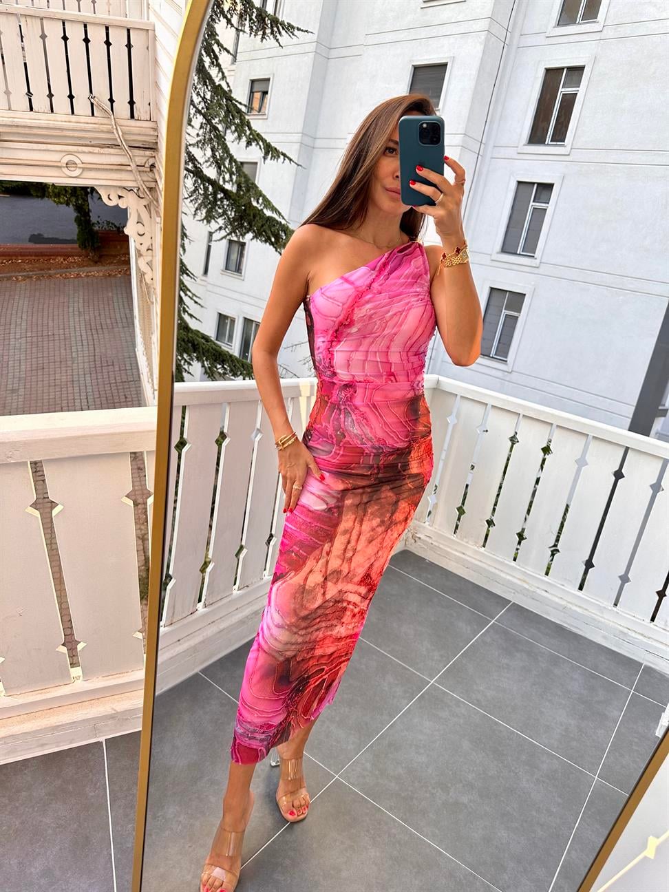 Pembe Drapeli Tek Omuz Desenli Elbise