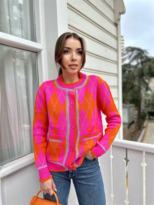 Pembe Ekoseli Gümüş Sim Detaylı Hırka