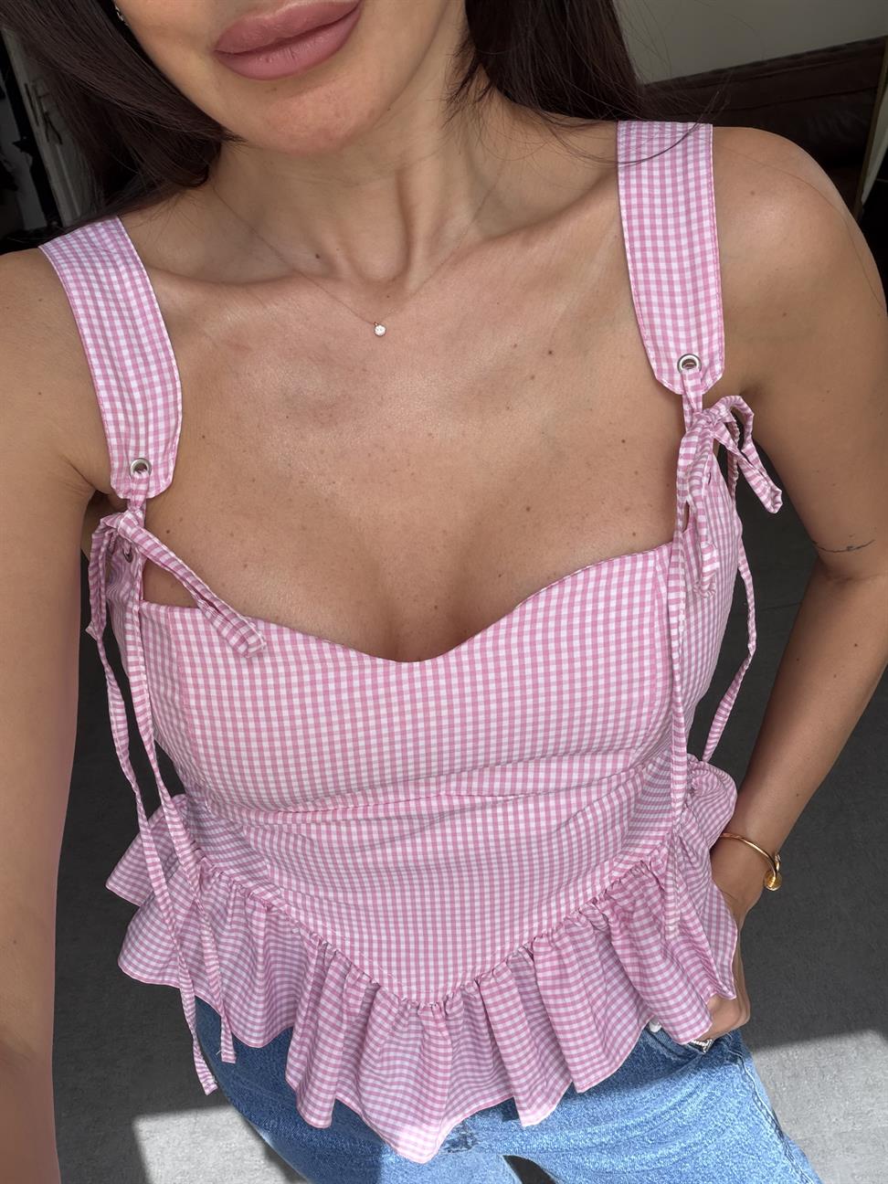 Pembe Fırfırlı Pötikare Bluz