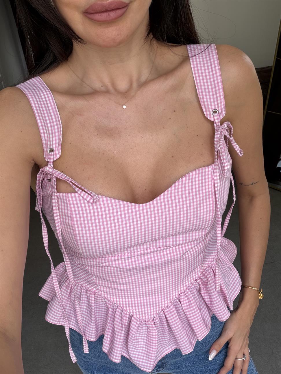 Pembe Fırfırlı Pötikare Bluz