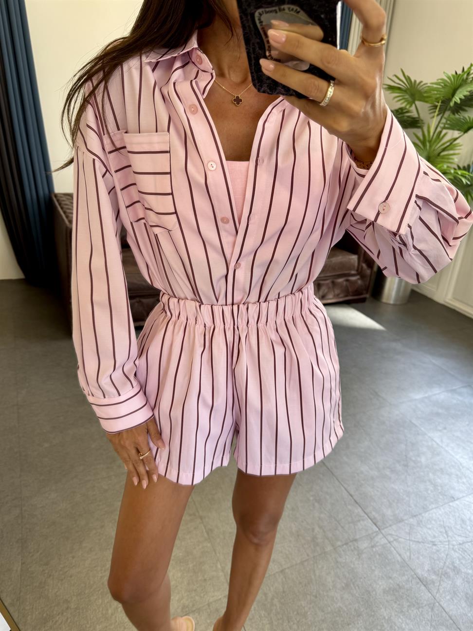 Pembe Glam Çizgili Kadın Takım