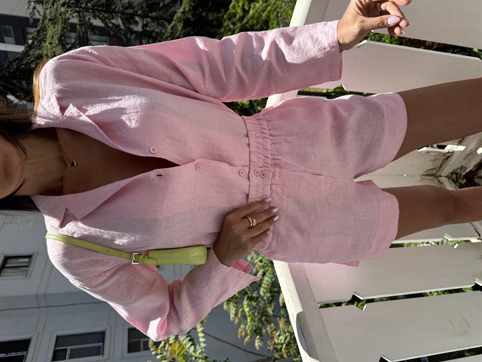 Pembe Keten Şortlu Takım