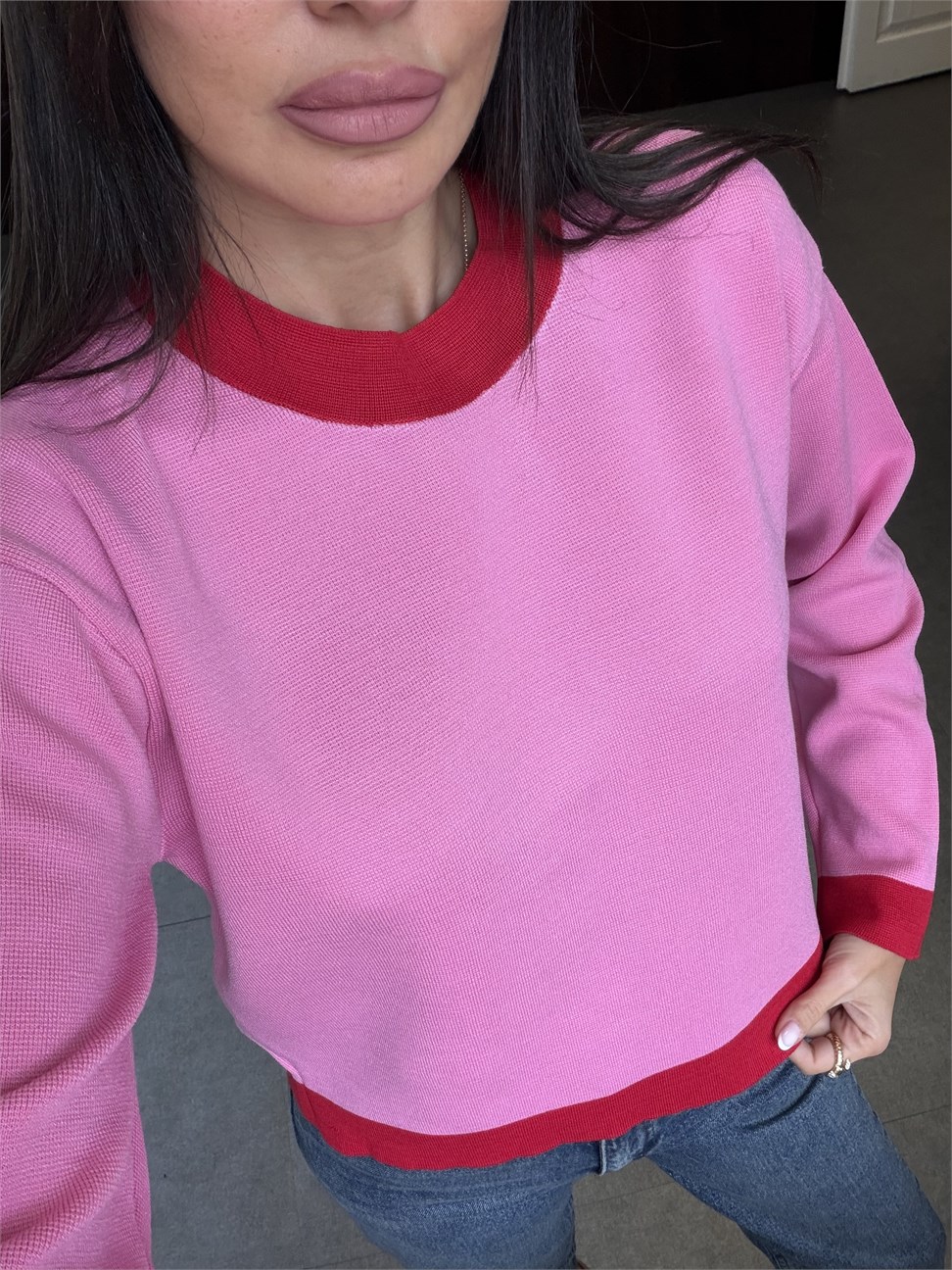 Pembe Kırmızı Şeritli Bisiklet Yaka Kazak