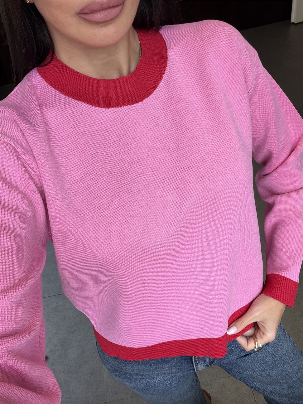 Pembe Kırmızı Şeritli Bisiklet Yaka Kazak