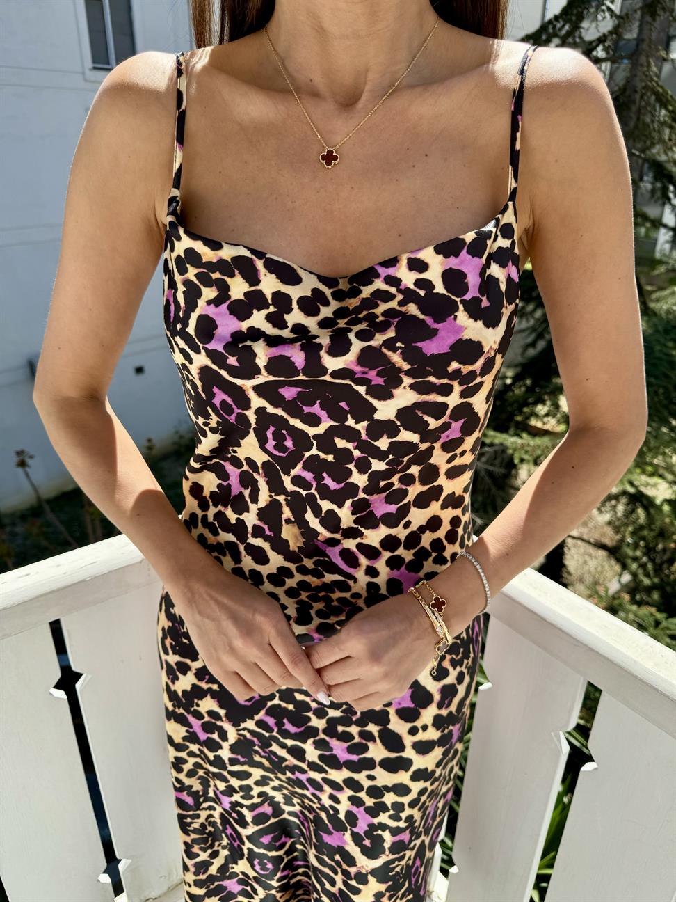 Pembe Leopar Desen Saten Elbise