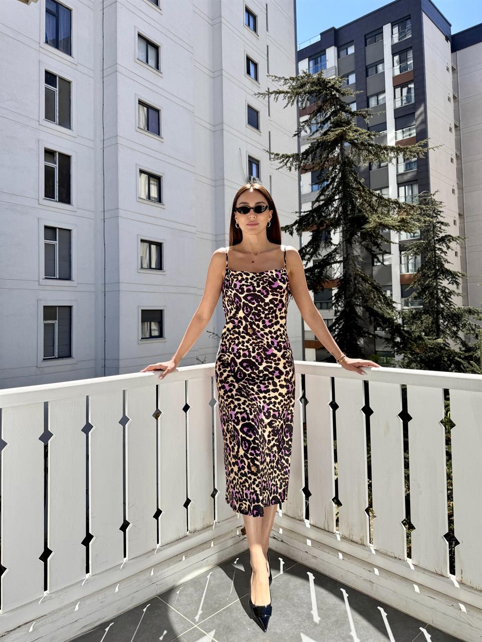 Pembe Leopar Desen Saten Elbise