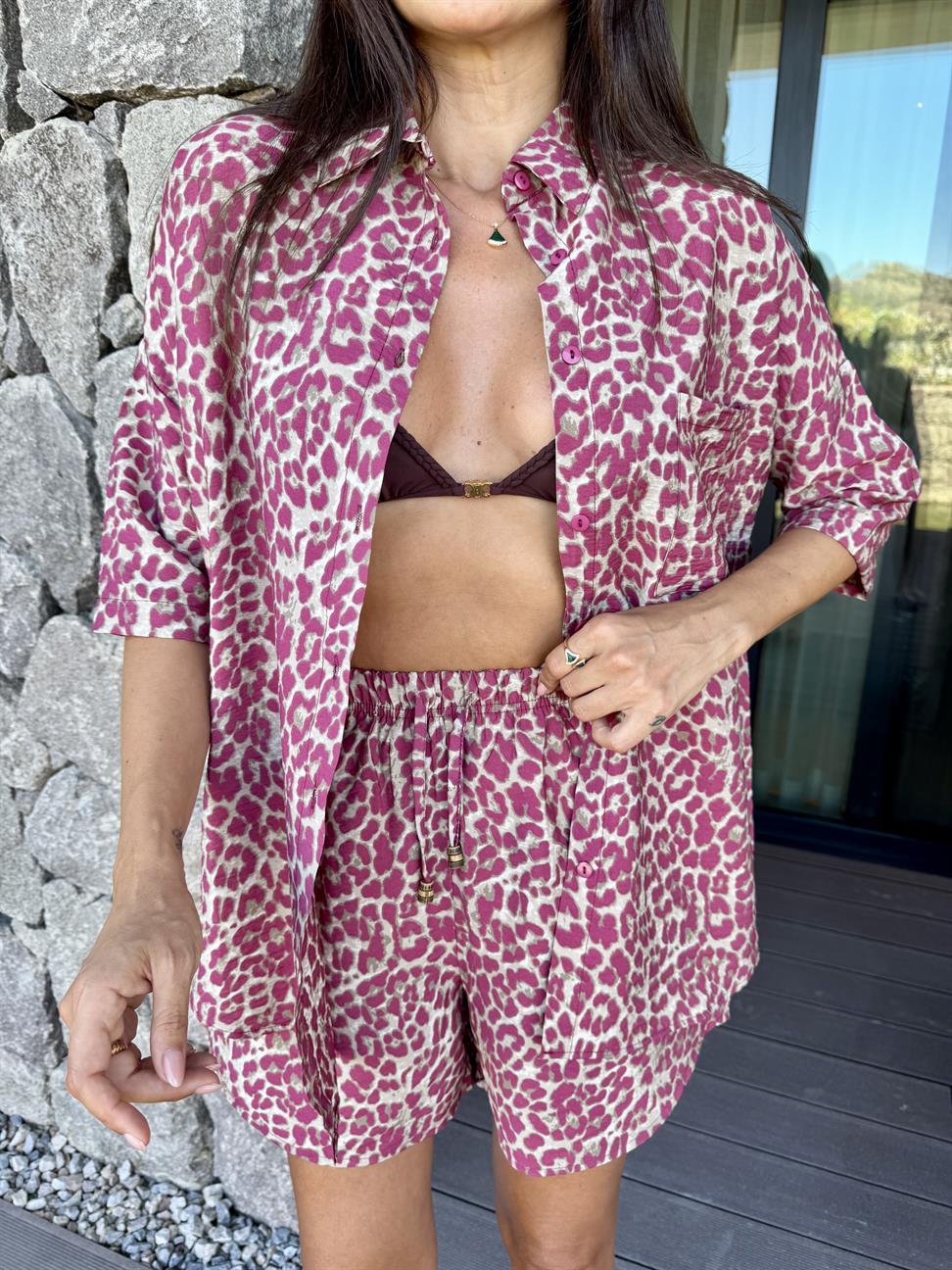 Pembe Leopar Desen Şortlu Takım