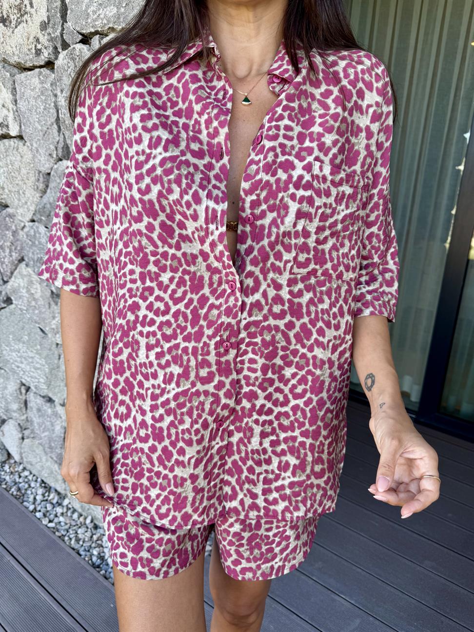 Pembe Leopar Desen Şortlu Takım