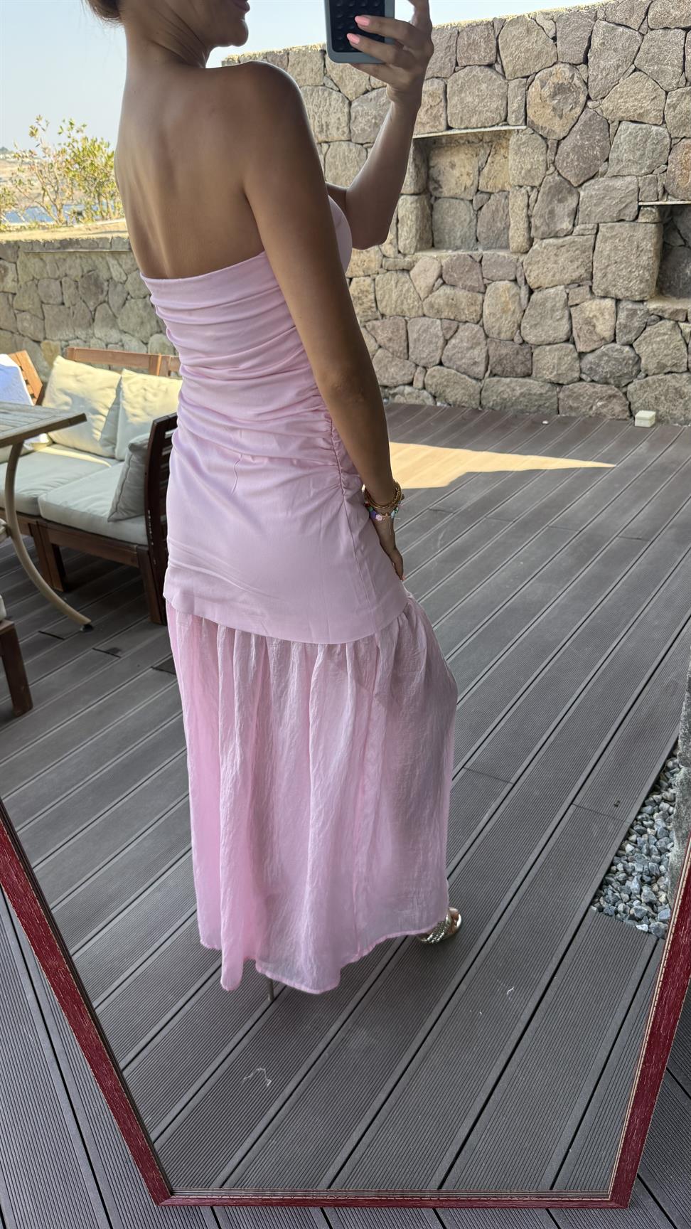 Pembe Midi Straplez Elbise