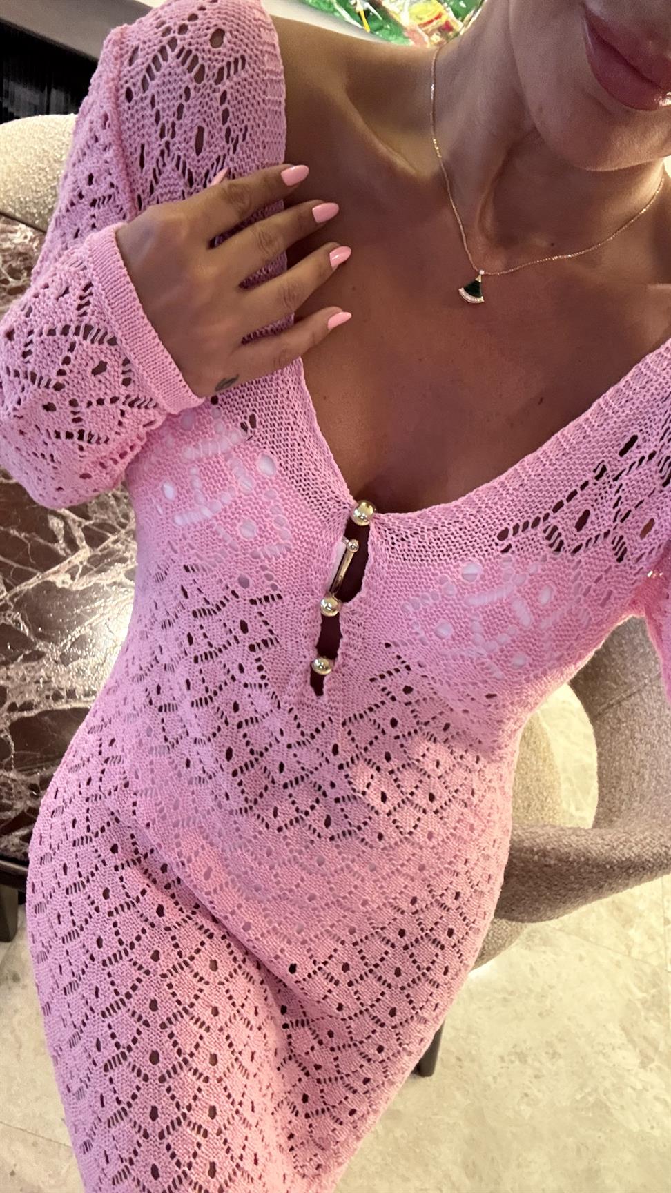 Pembe Önden Düğmeli Triko Elbise