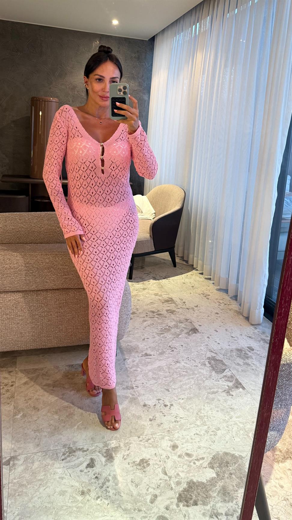 Pembe Önden Düğmeli Triko Elbise