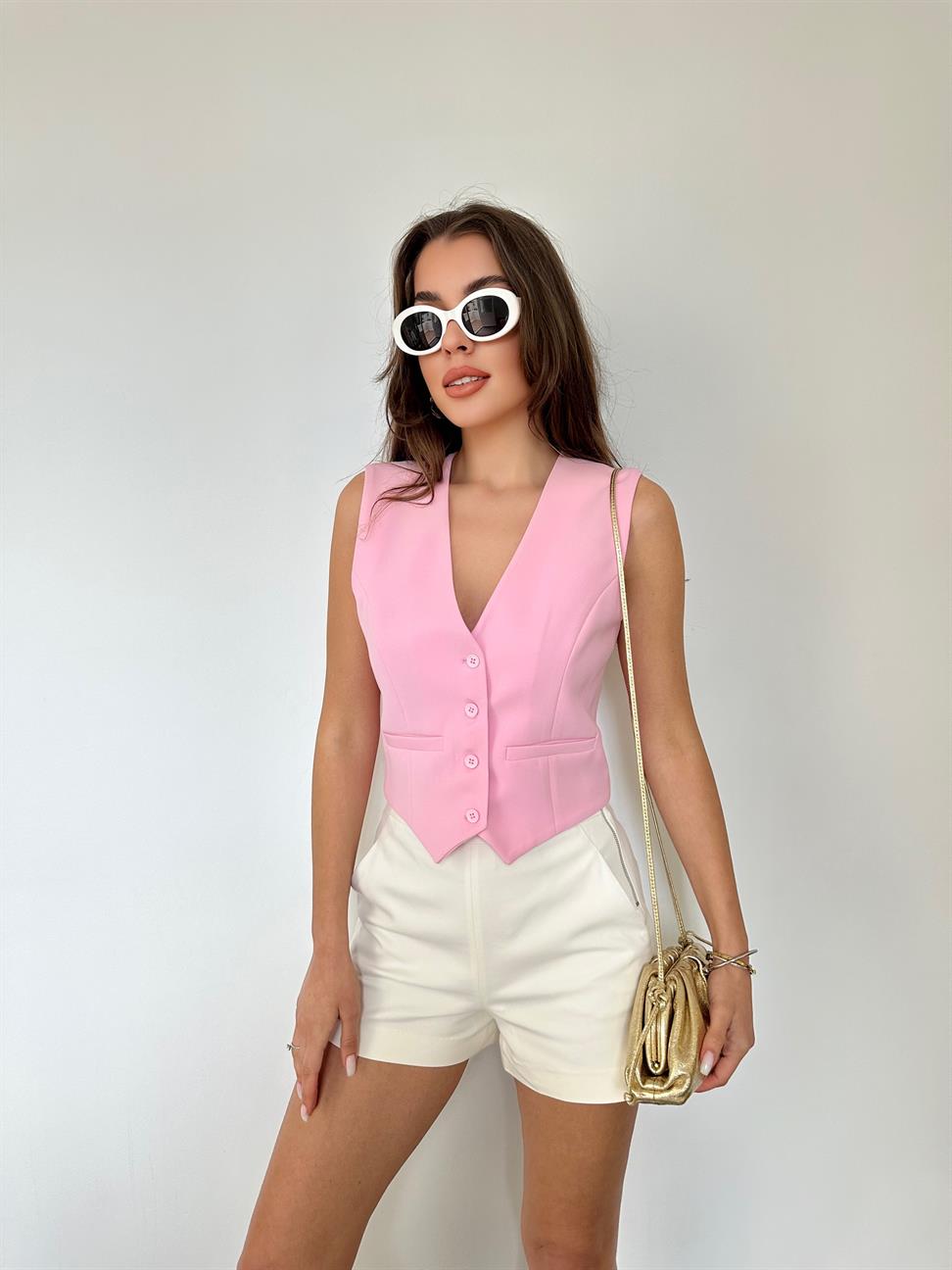 Pembe Önden Düğmeli Yelek