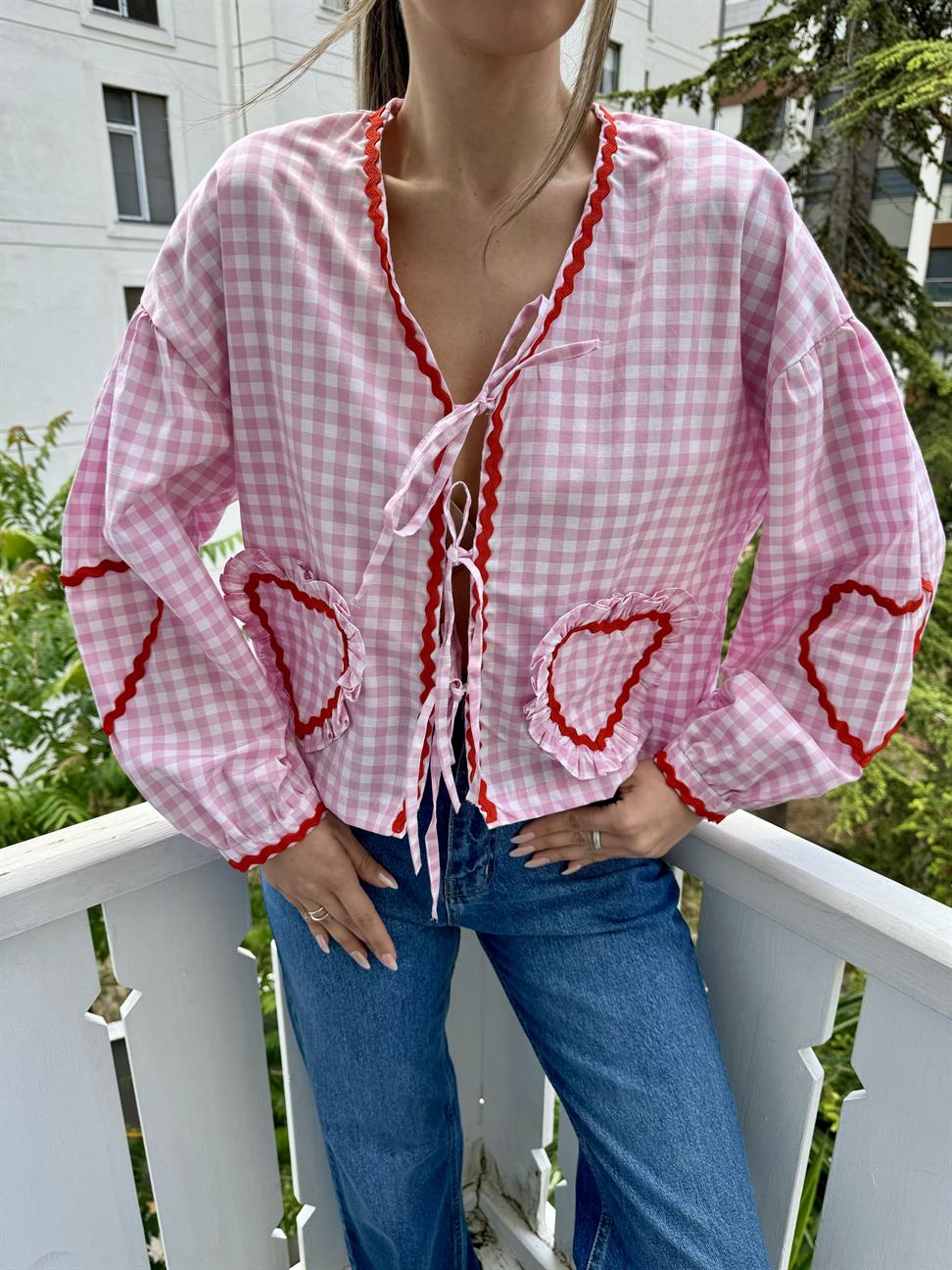 Pembe Pötikare Kalp Gömlek Bluz