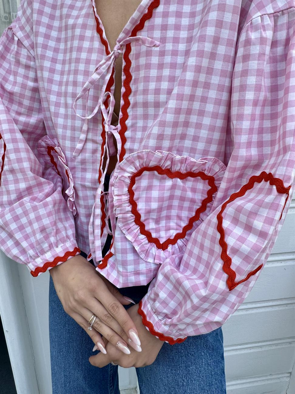 Pembe Pötikare Kalp Gömlek Bluz