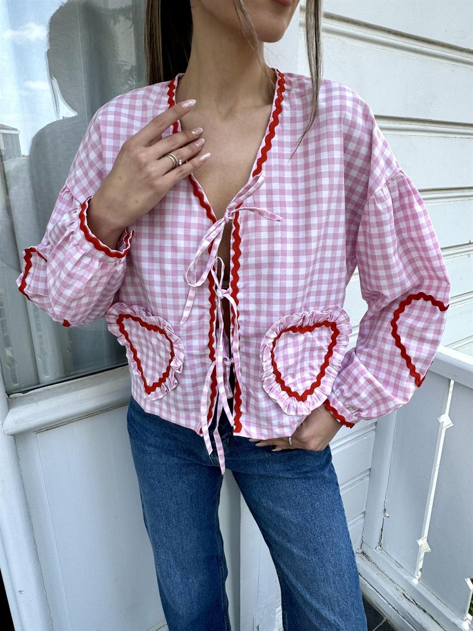 Pembe Pötikare Kalp Gömlek Bluz