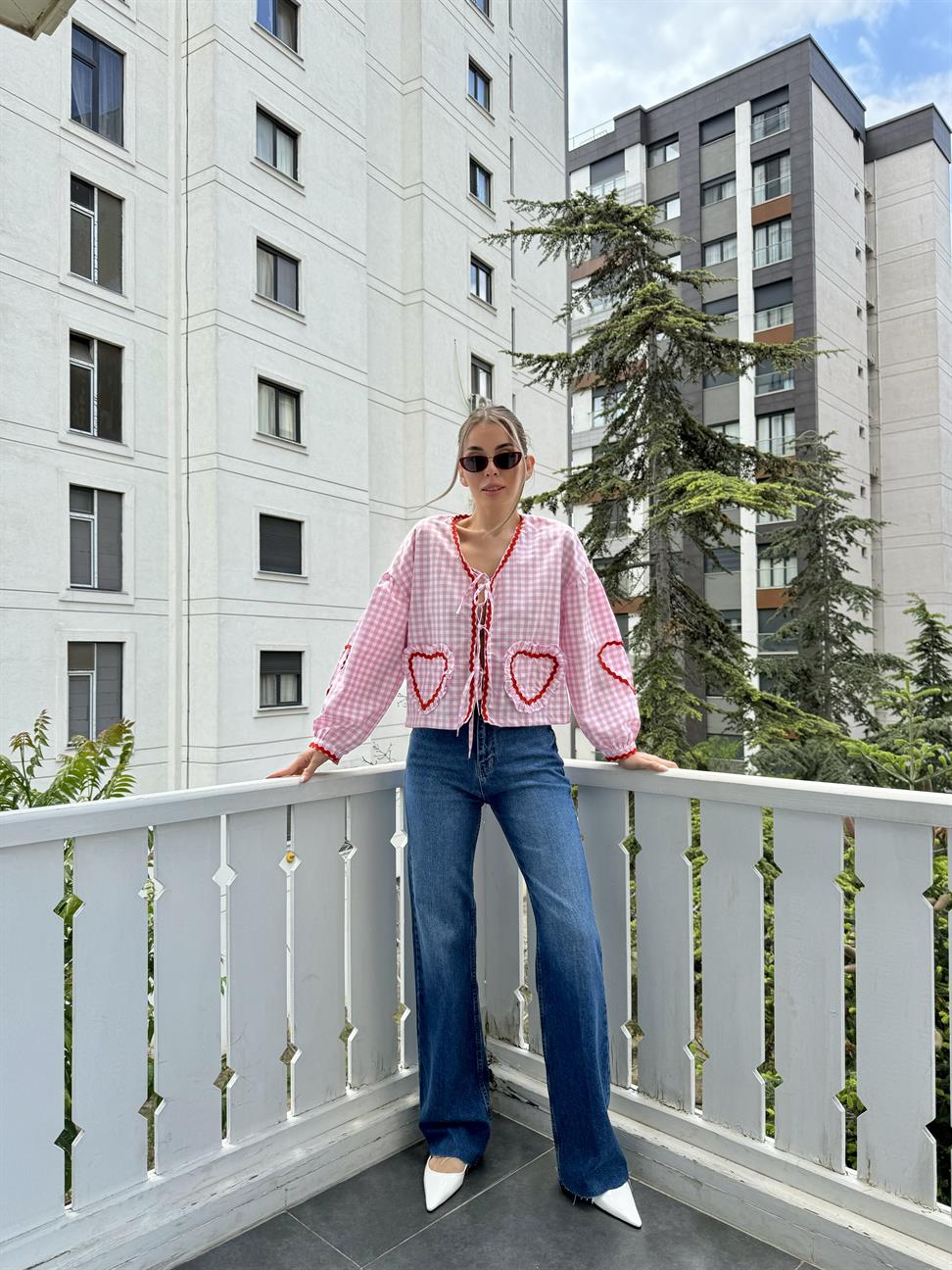 Pembe Pötikare Kalp Gömlek Bluz