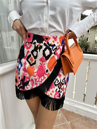 Pembe Püsküllü Mini Etek