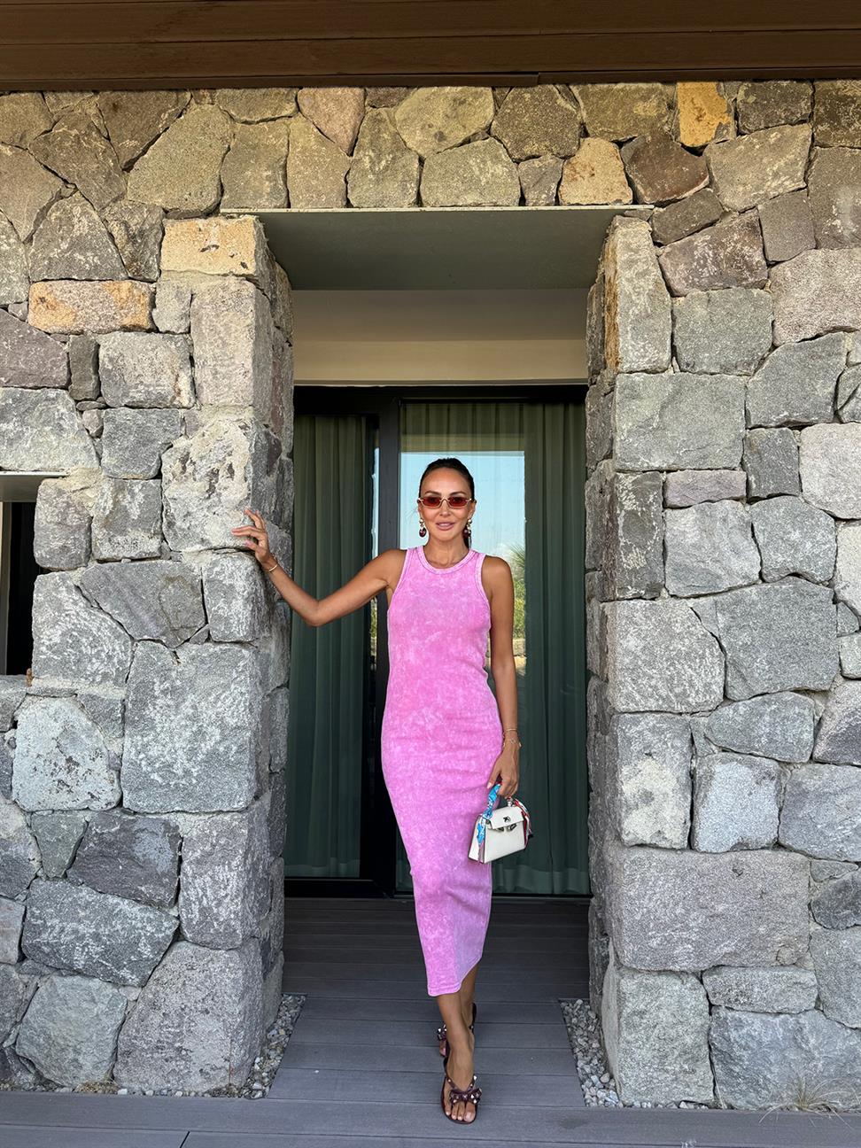 Pembe Sıfır Kol Yıkamalı Elbise