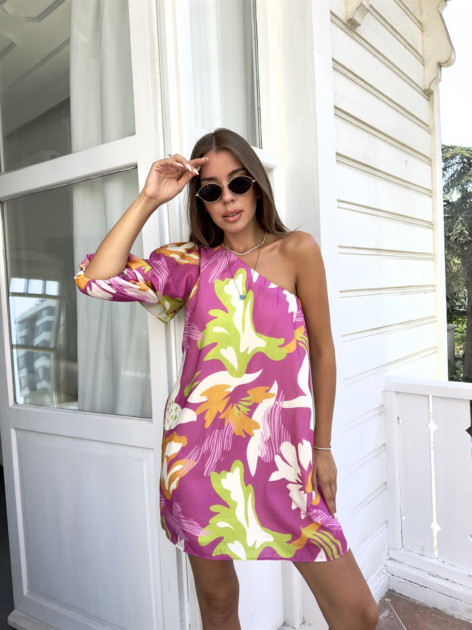 Pembe Tek Kol Desenli Elbise