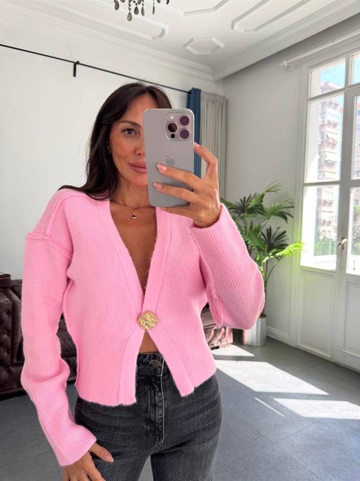 Pembe Ters Dikişli Tek Düğmeli Hırka