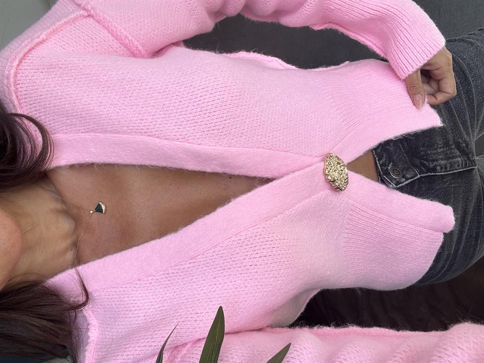 Pembe Ters Dikişli Tek Düğmeli Hırka