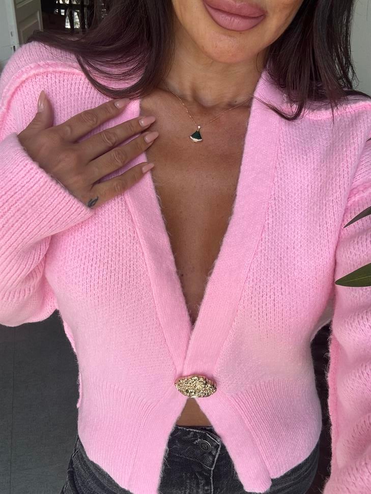 Pembe Ters Dikişli Tek Düğmeli Hırka