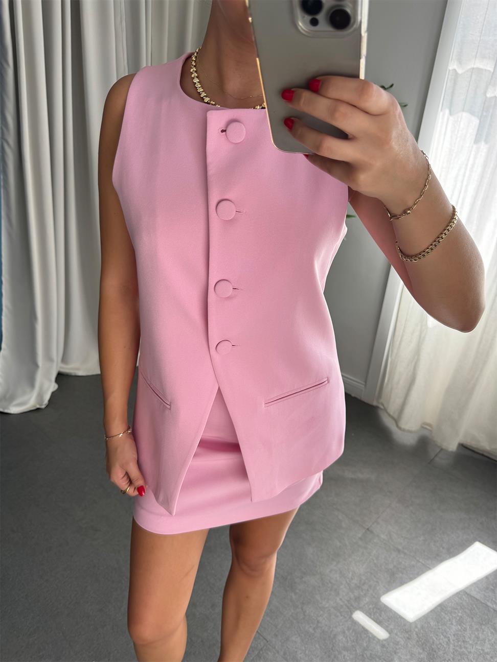 Pembe Yelekli Etek Takım
