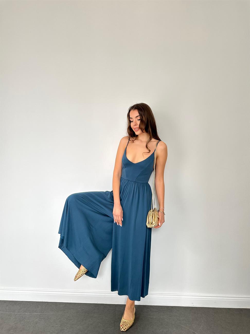 Petrol Askılı Bol Paça Tulum