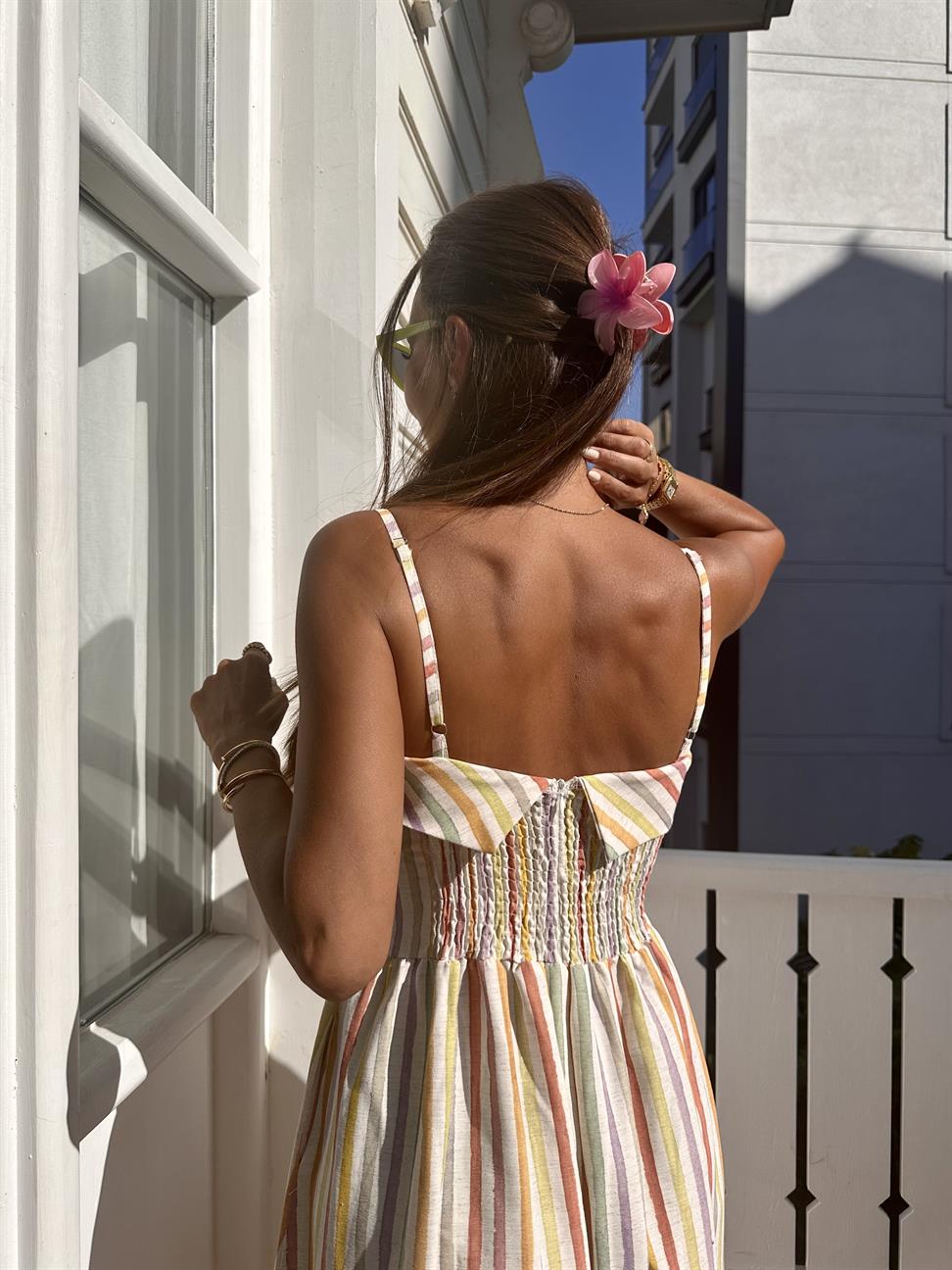 Renkli Askılı Uzun Elbise