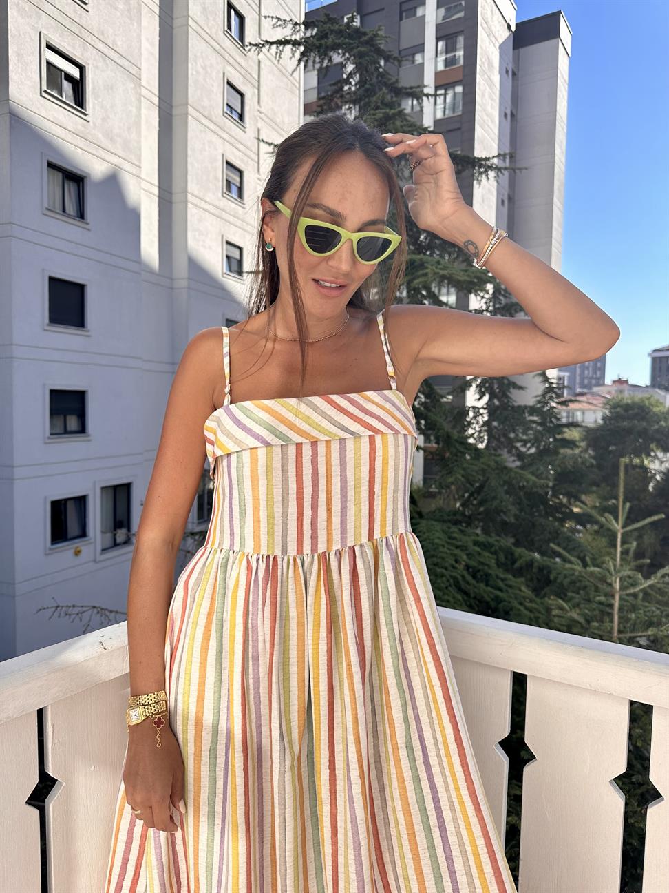 Renkli Askılı Uzun Elbise