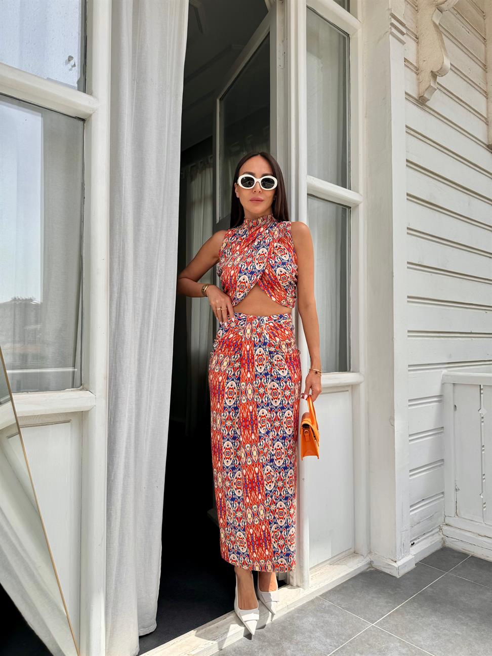 Renkli Desenli Maxi Boy Etek Takım