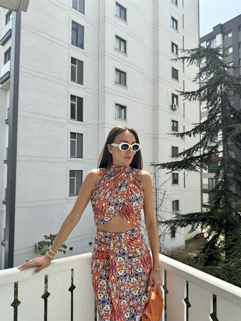 Renkli Desenli Maxi Boy Etek Takım