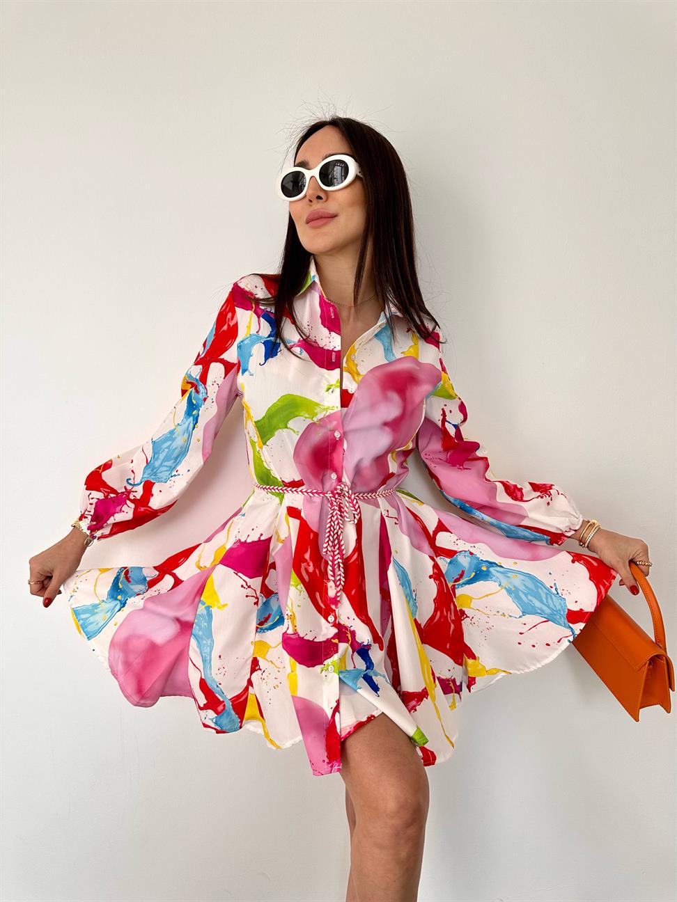 Renkli Gömlek Yaka Etekleri Fırfırlı Mini Elbise