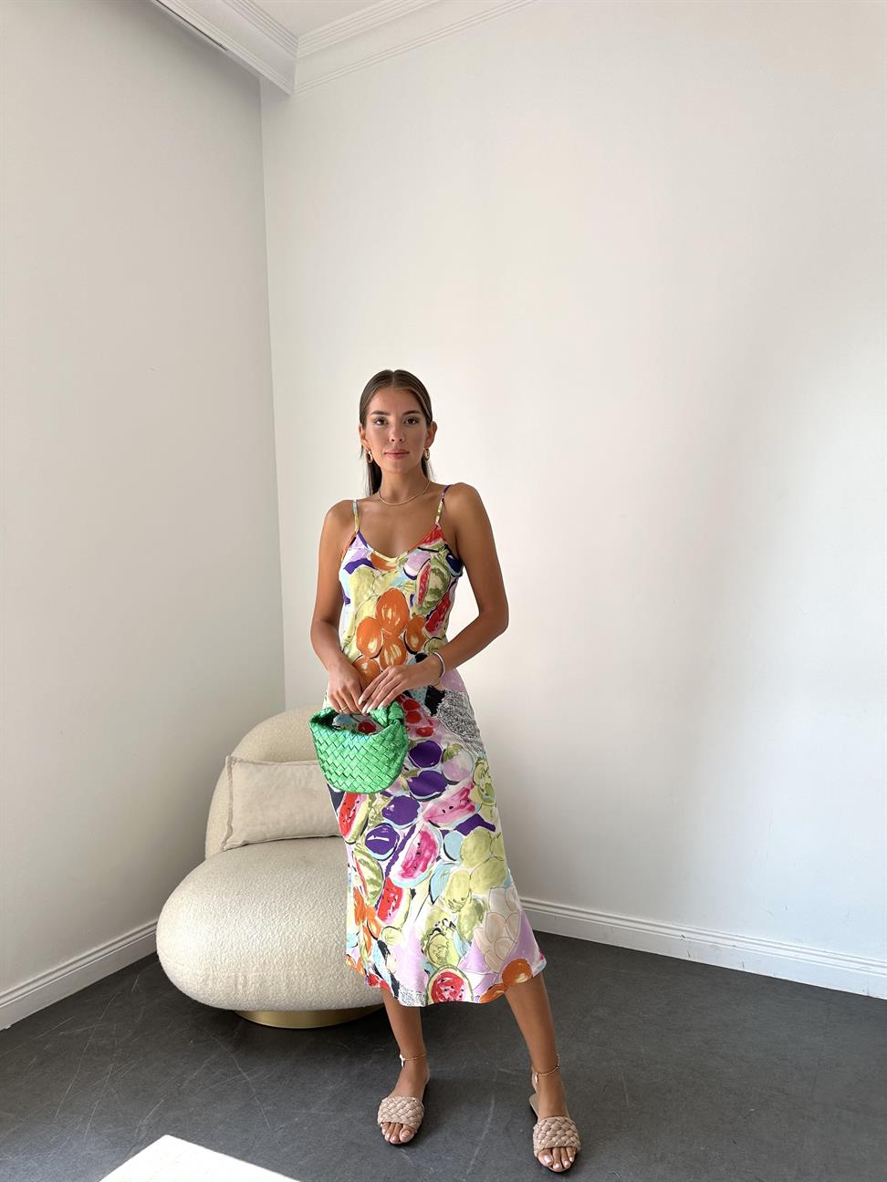 Renkli İp Askılı Elbise