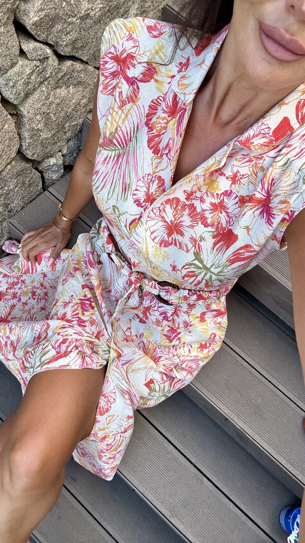 Renkli Kemerli Çiçekli Elbise