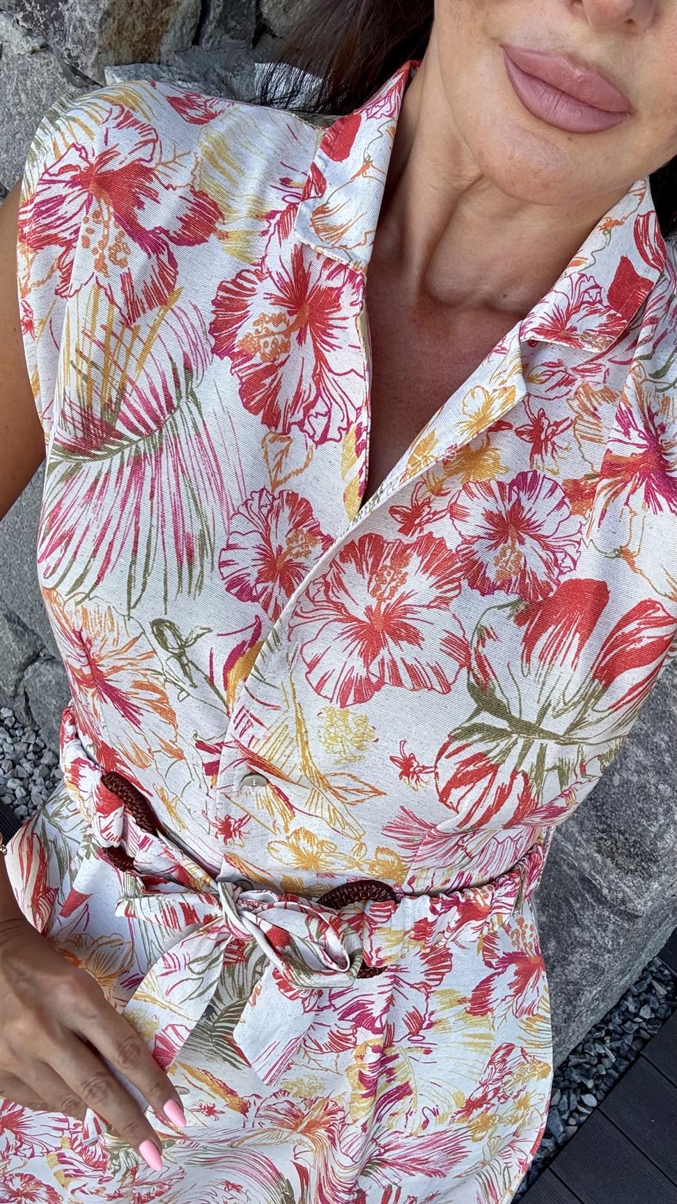 Renkli Kemerli Çiçekli Elbise