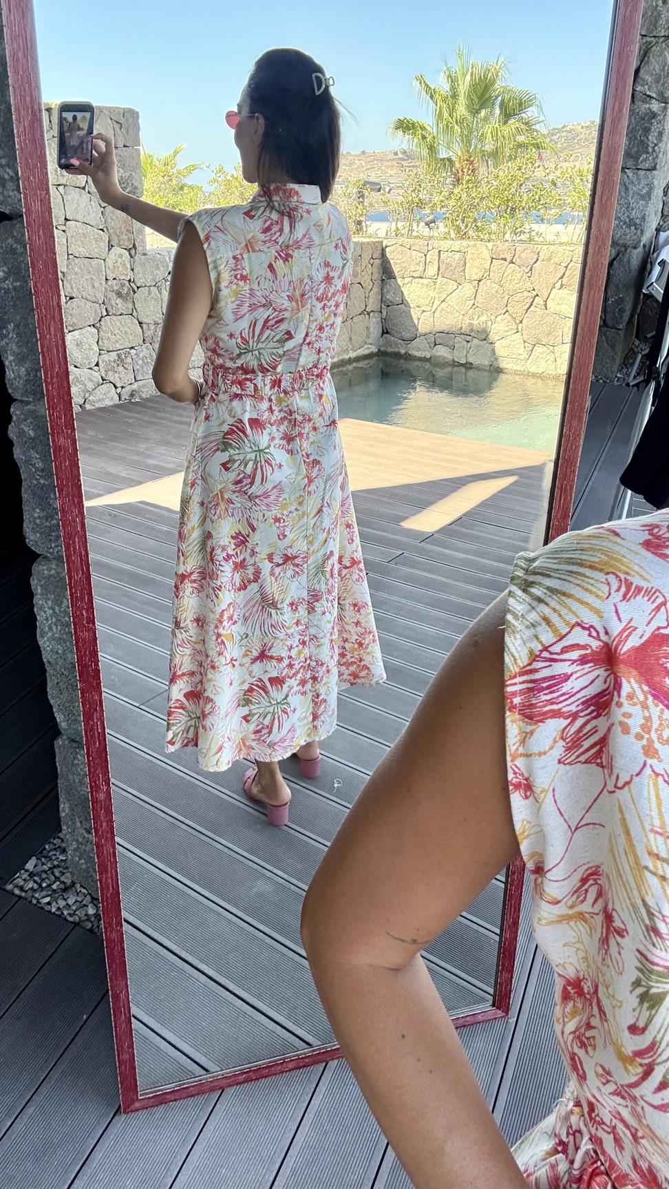 Renkli Kemerli Çiçekli Elbise