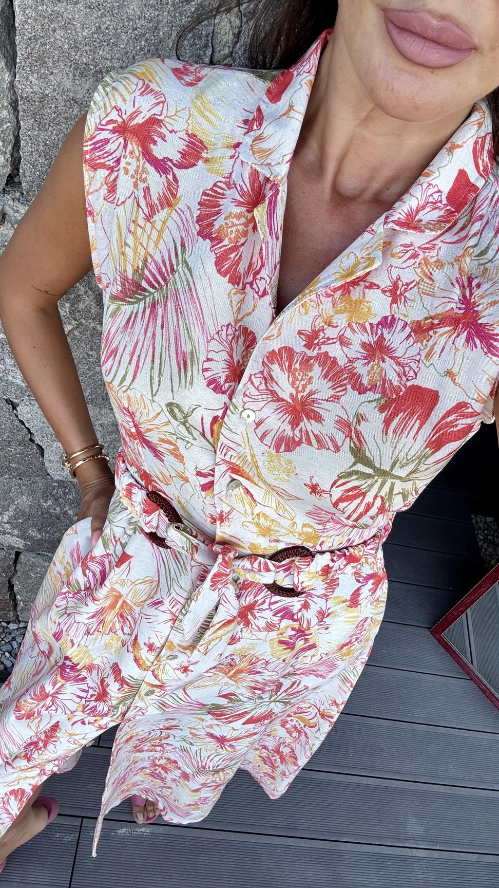 Renkli Kemerli Çiçekli Elbise