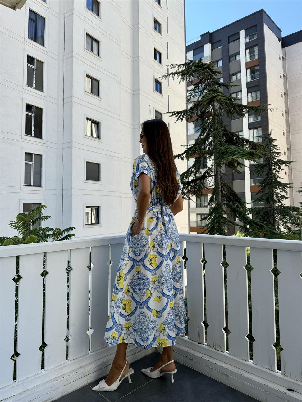 Renkli Limon Desen Gömlek Elbise