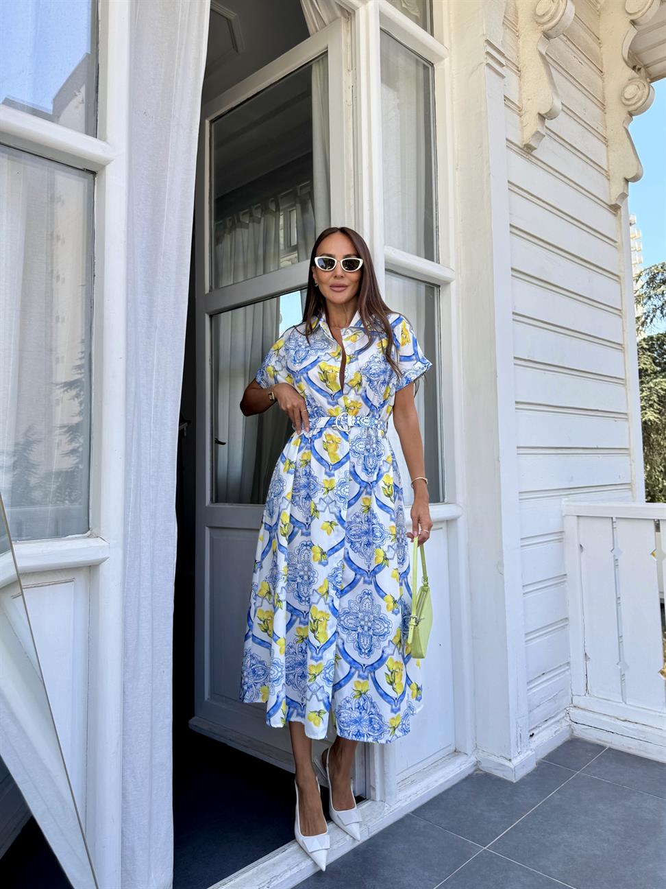 Renkli Limon Desen Gömlek Elbise