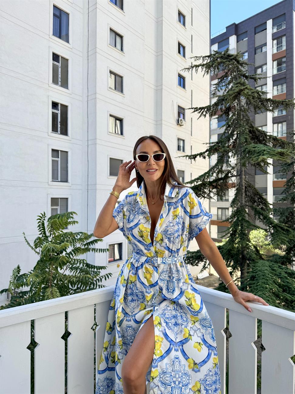 Renkli Limon Desen Gömlek Elbise