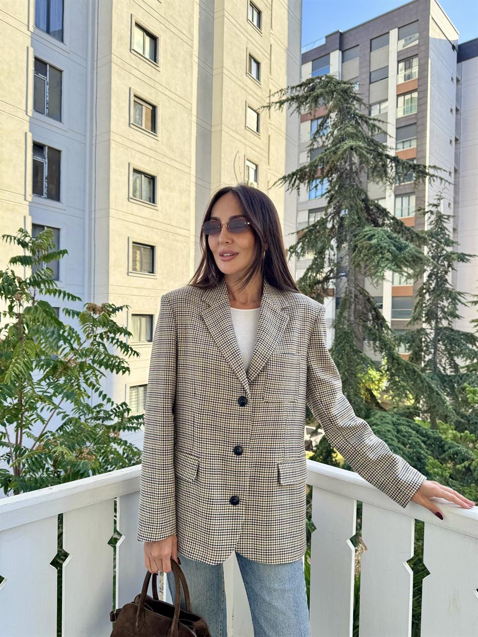 Renkli Ekose Üç Düğme Blazer Ceket