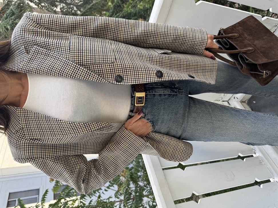 Renkli Ekose Üç Düğme Blazer Ceket