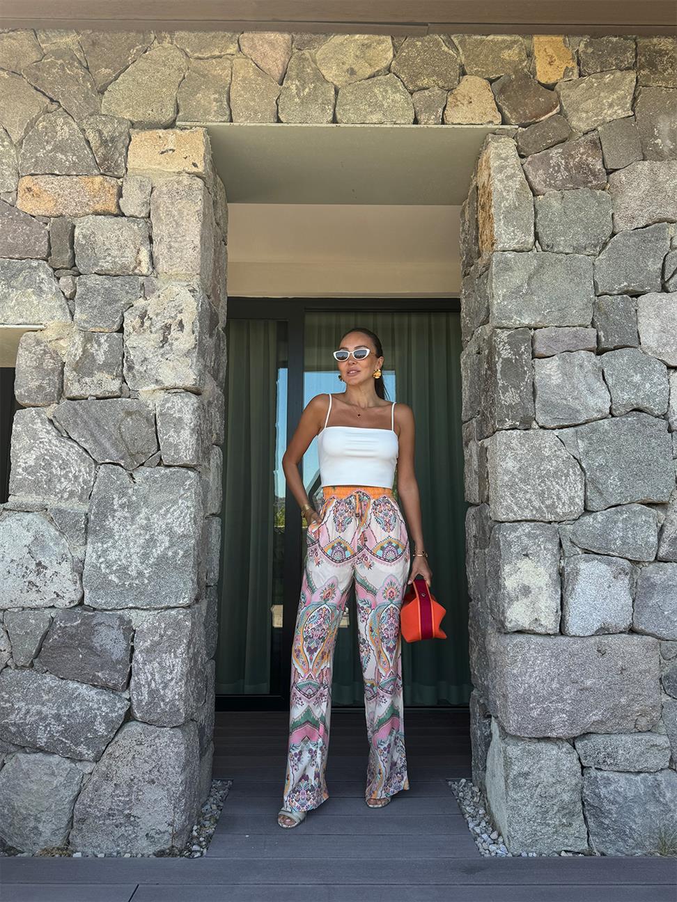 Renkli Şal Desenli Viskon Kumaş Pantolon