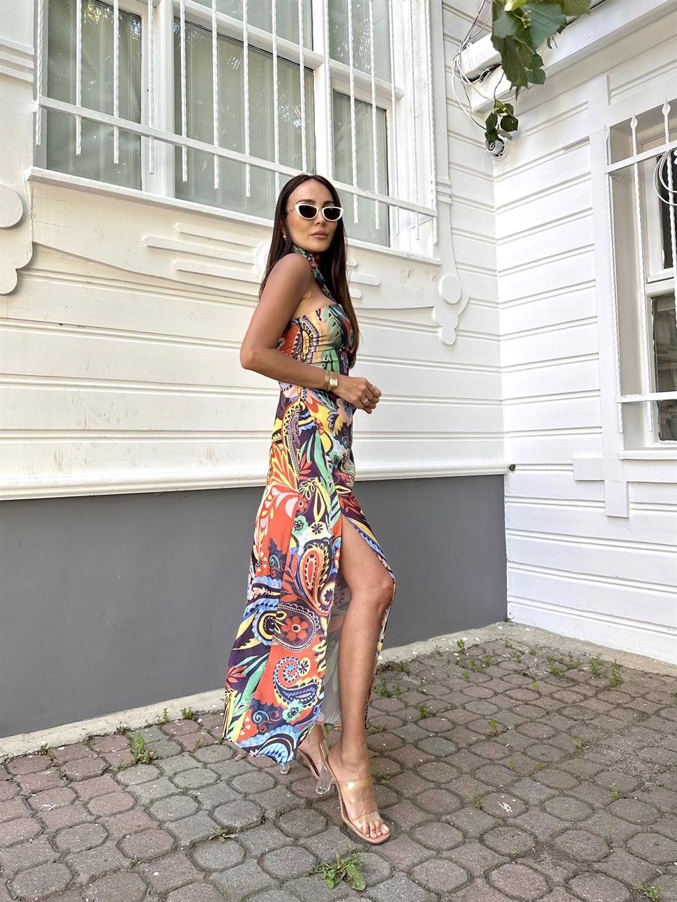 Renkli Tek Omuz Saten Elbise