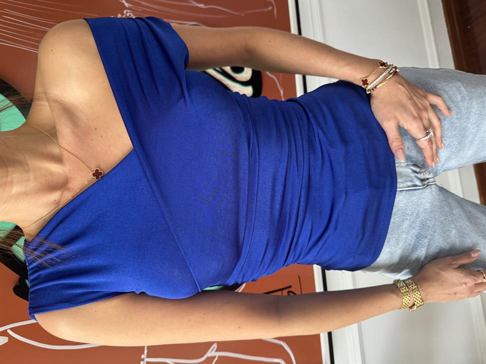 Saks Mavi Asimetrik Kolsuz Bluz