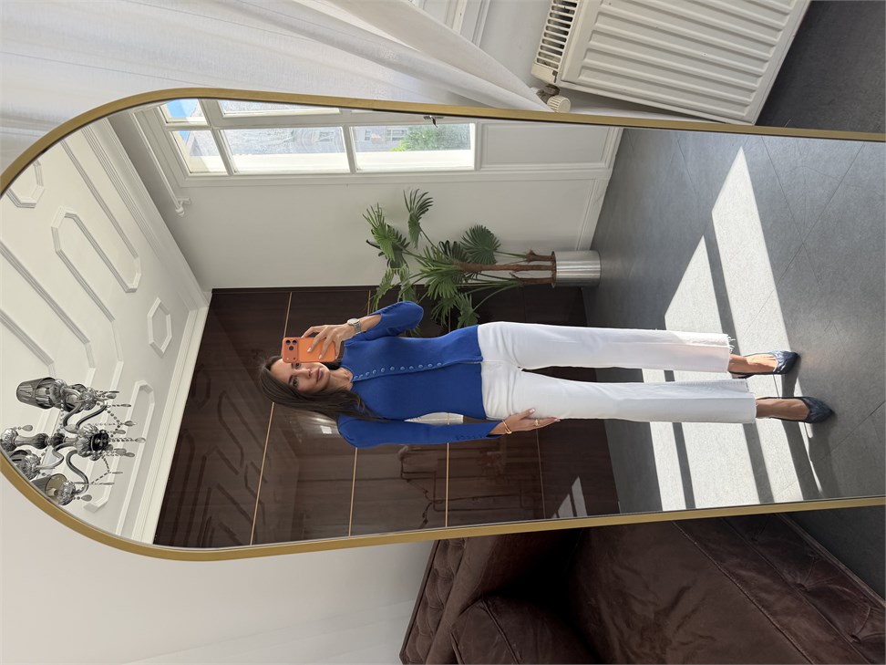 Saks Mavi Düğme Detaylı Kolları Bağlamalı Hırka