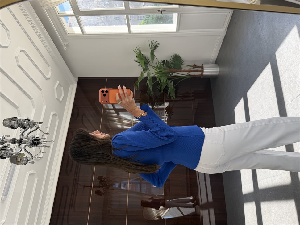 Saks Mavi Düğme Detaylı Kolları Bağlamalı Hırka