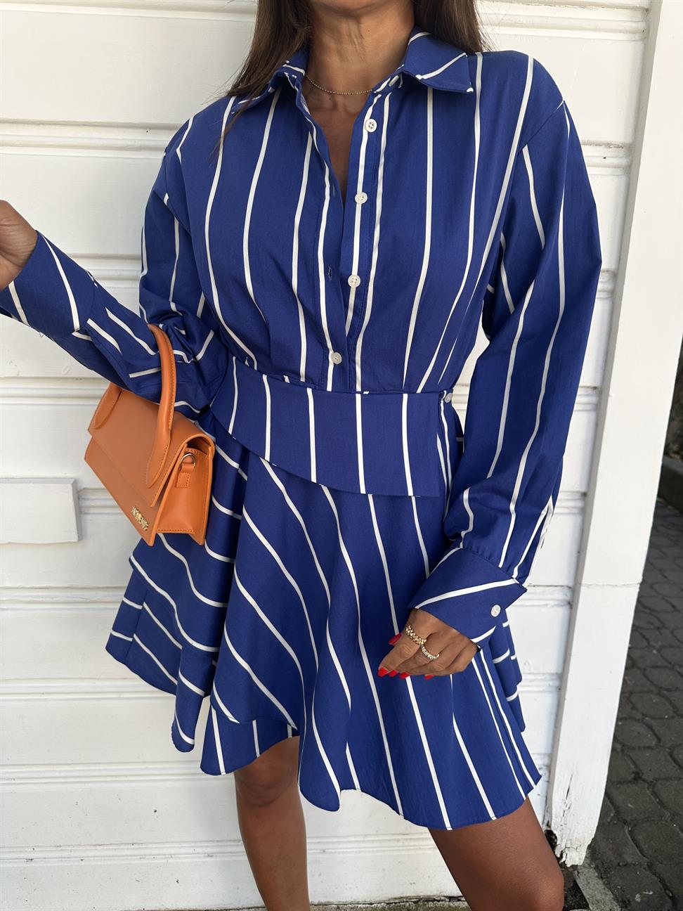 Saks Mavi Tasarım Gömlek Elbise