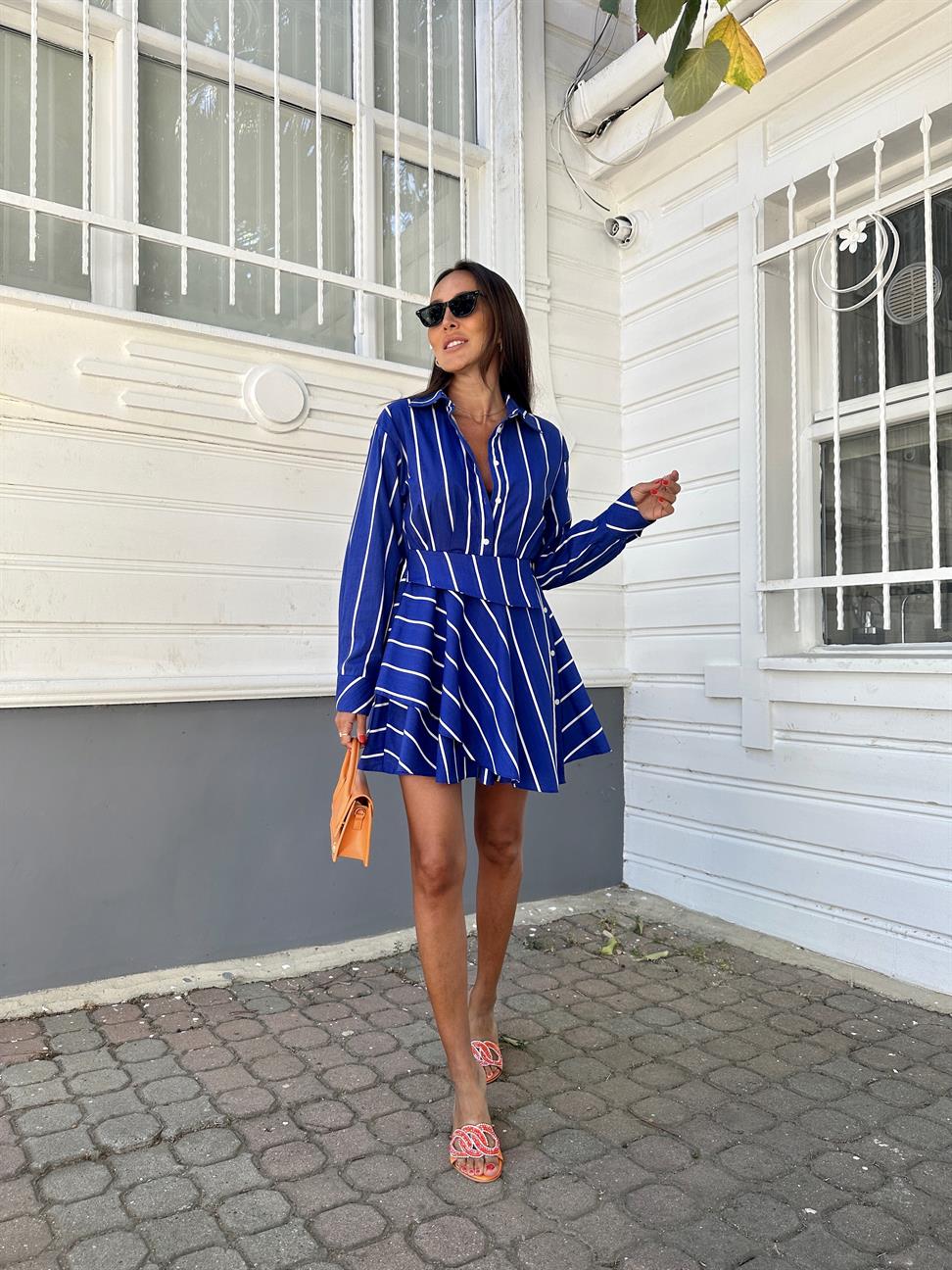 Saks Mavi Tasarım Gömlek Elbise